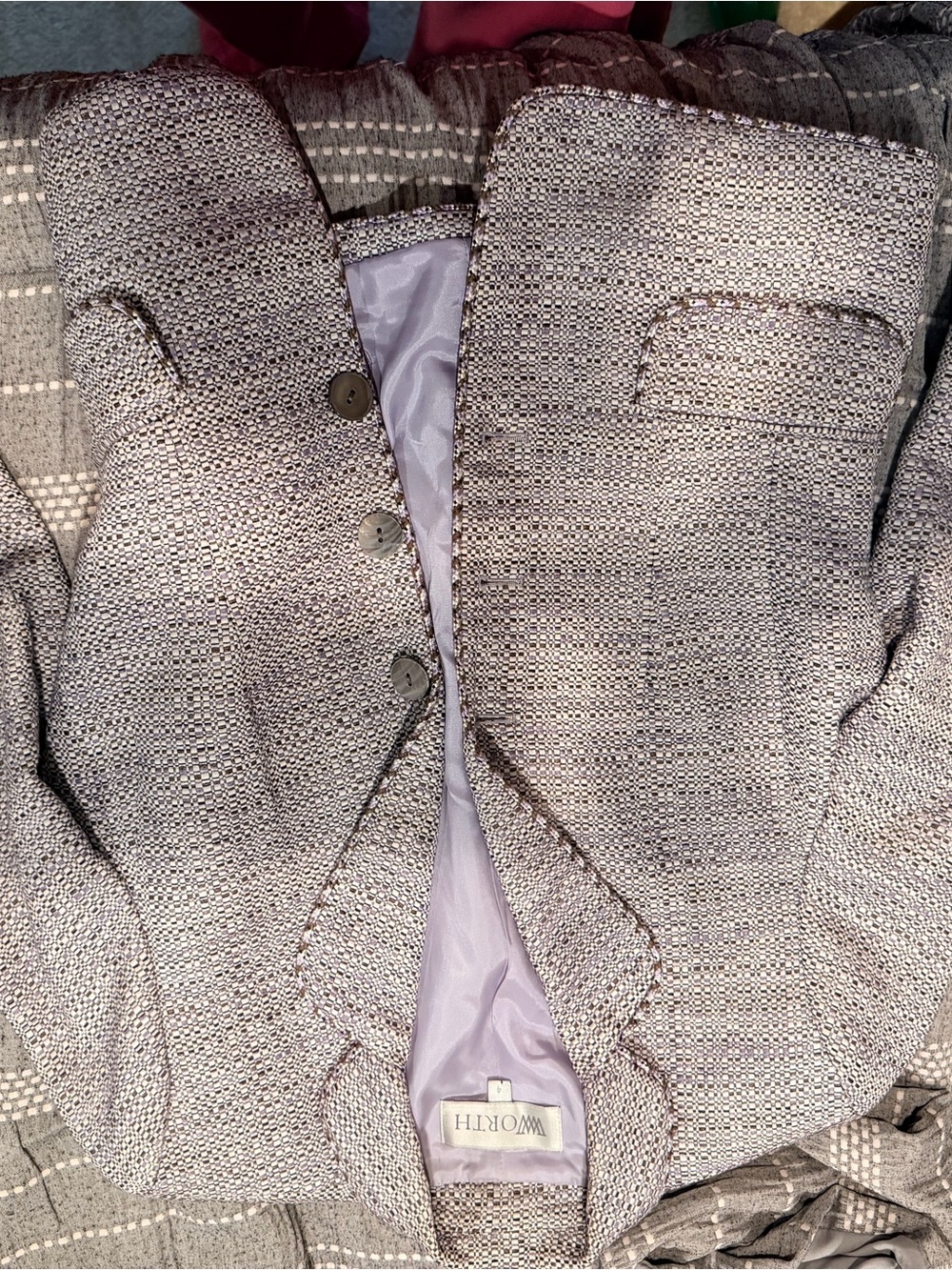 Worth Light Gray Tweed Blazer with Subtle Lavender Lining